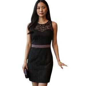 ACEMI BLACK LACE BODYCON DRESS W/SILVER BEADS AT WAIST SZ.M EUC.